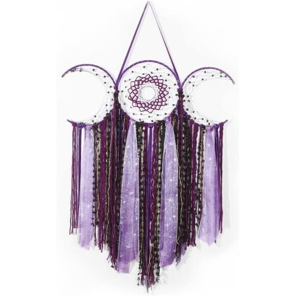 Purple Triple Moon Goddess Macrame Wall Hanging, Boho Crescent Dream Catcher - Picture 1 of 8